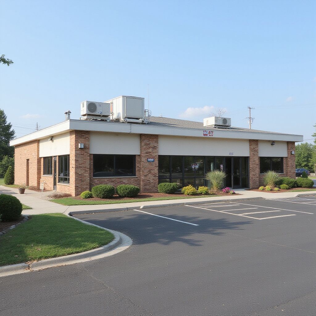Brick building with air conditioning units on the roof and a parking lot in front.