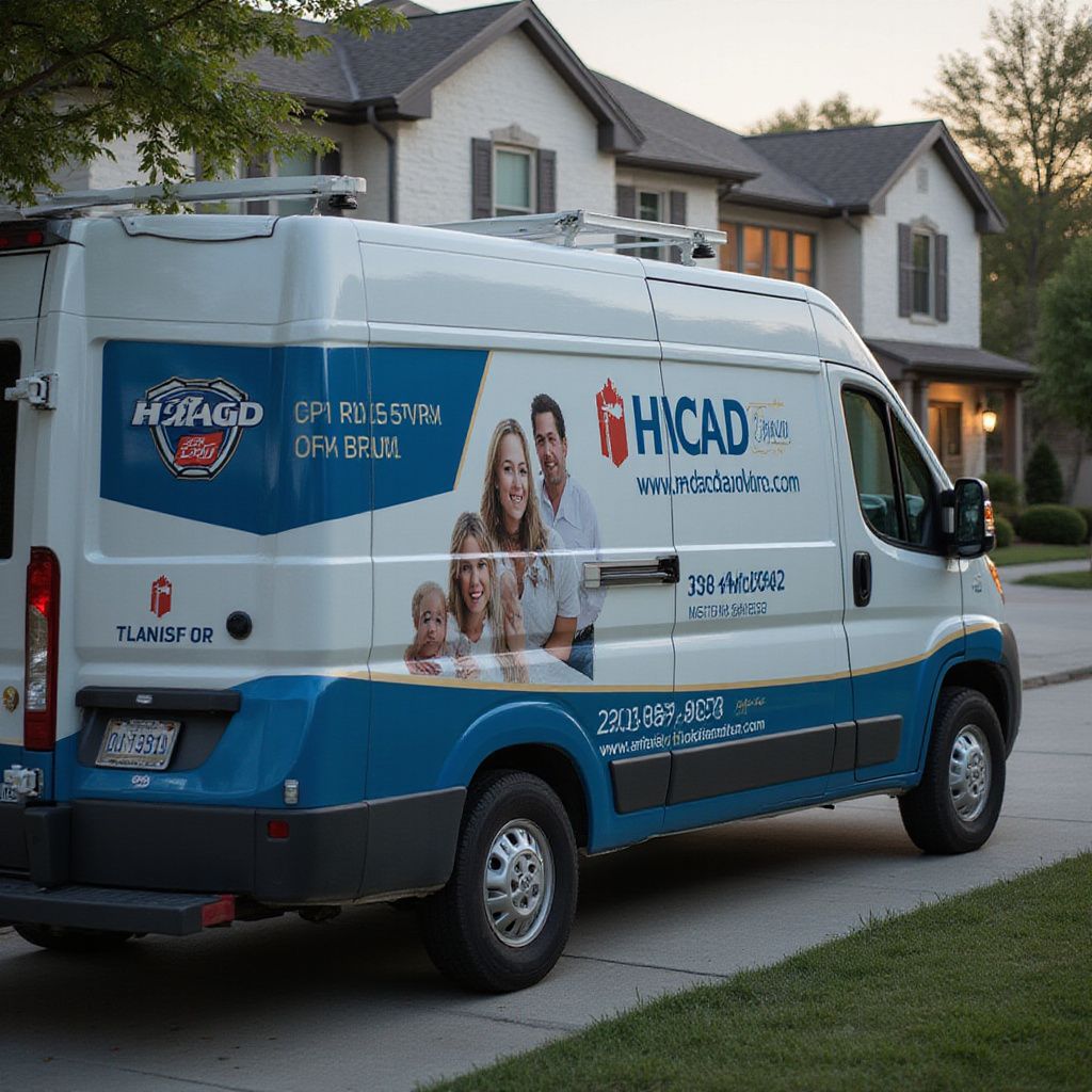 HVAC service van parked in front of a house, with family graphic and company logo.