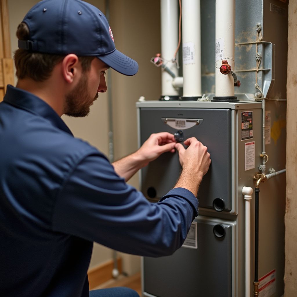 Man in blue uniform inspecting a furnace in a basement setting.