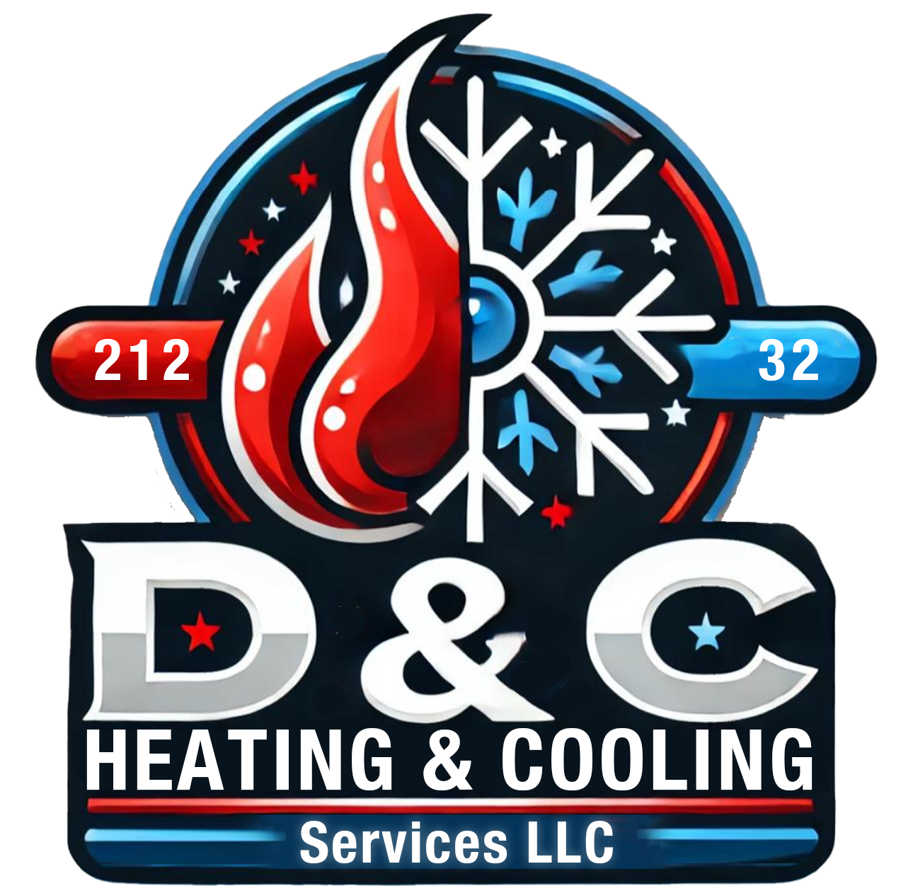 D&C Heating & Cooling Services LLC logo: flame & snowflake graphic, "D&C" text, red & blue colors, showing heating/cooling.