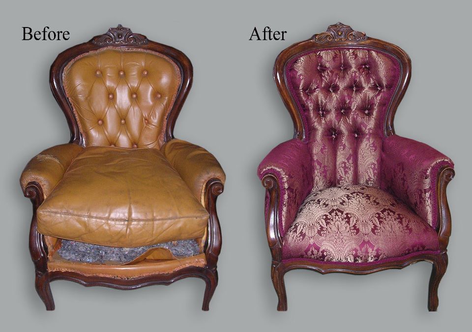 A before-and-after comparison of a vintage armchair reupholstered from worn tan leather to patterned purple fabric.