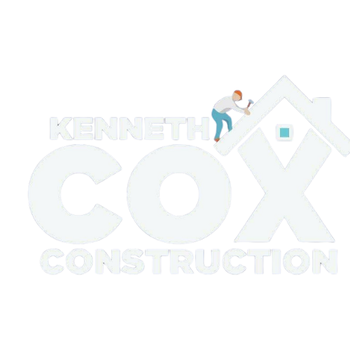 Logo for Kenneth Cox Construction: white letters with a small person hammering a roof.