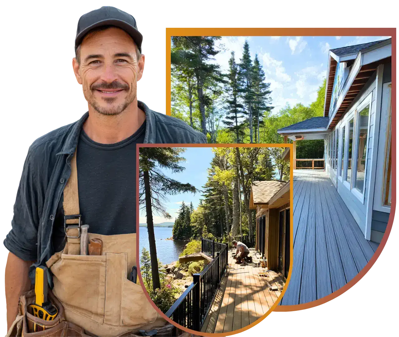 A contractor smiling, with showcases of Maine nprojects in the background.