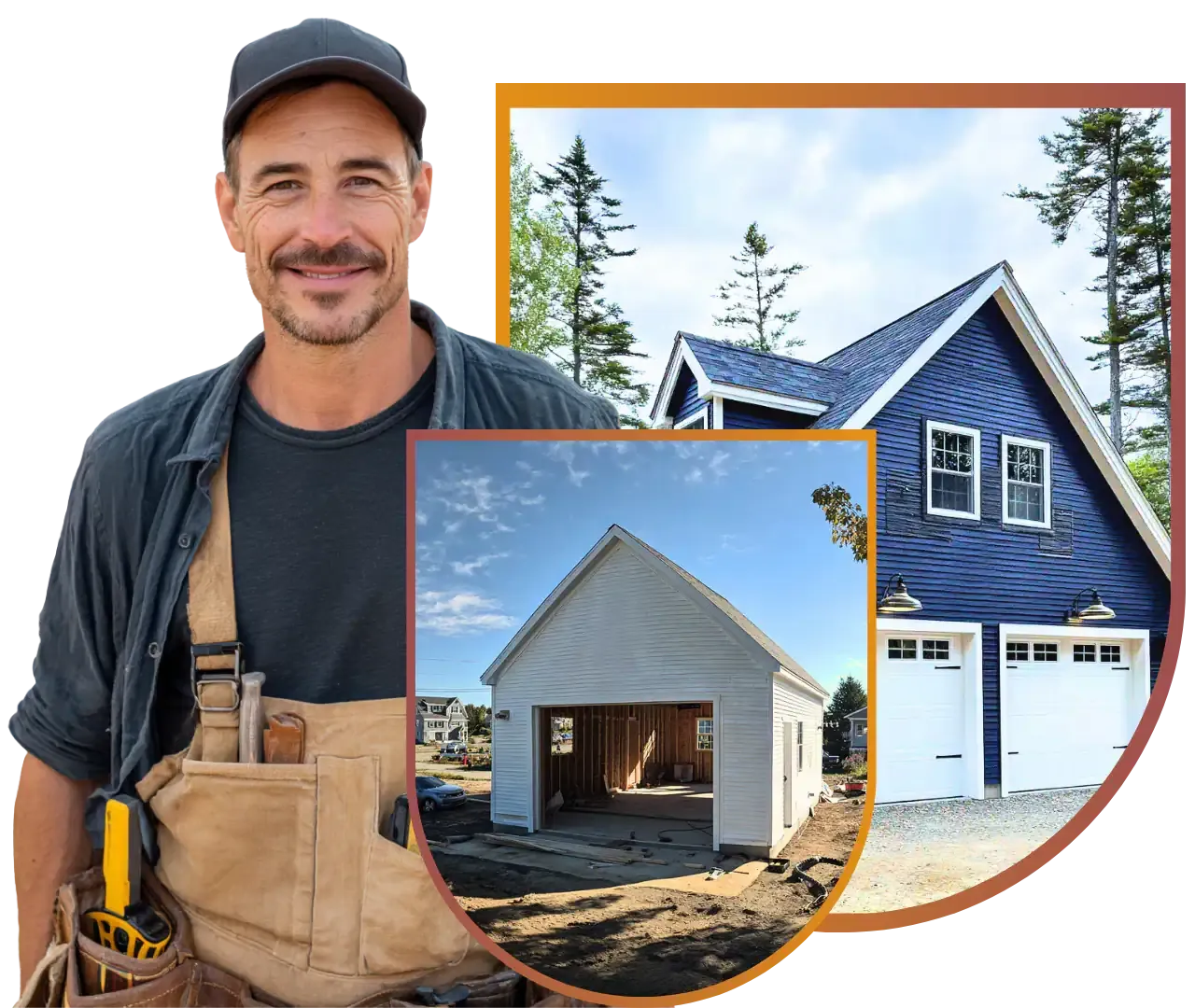 A contractor smiling, with showcases of Maine nprojects in the background.