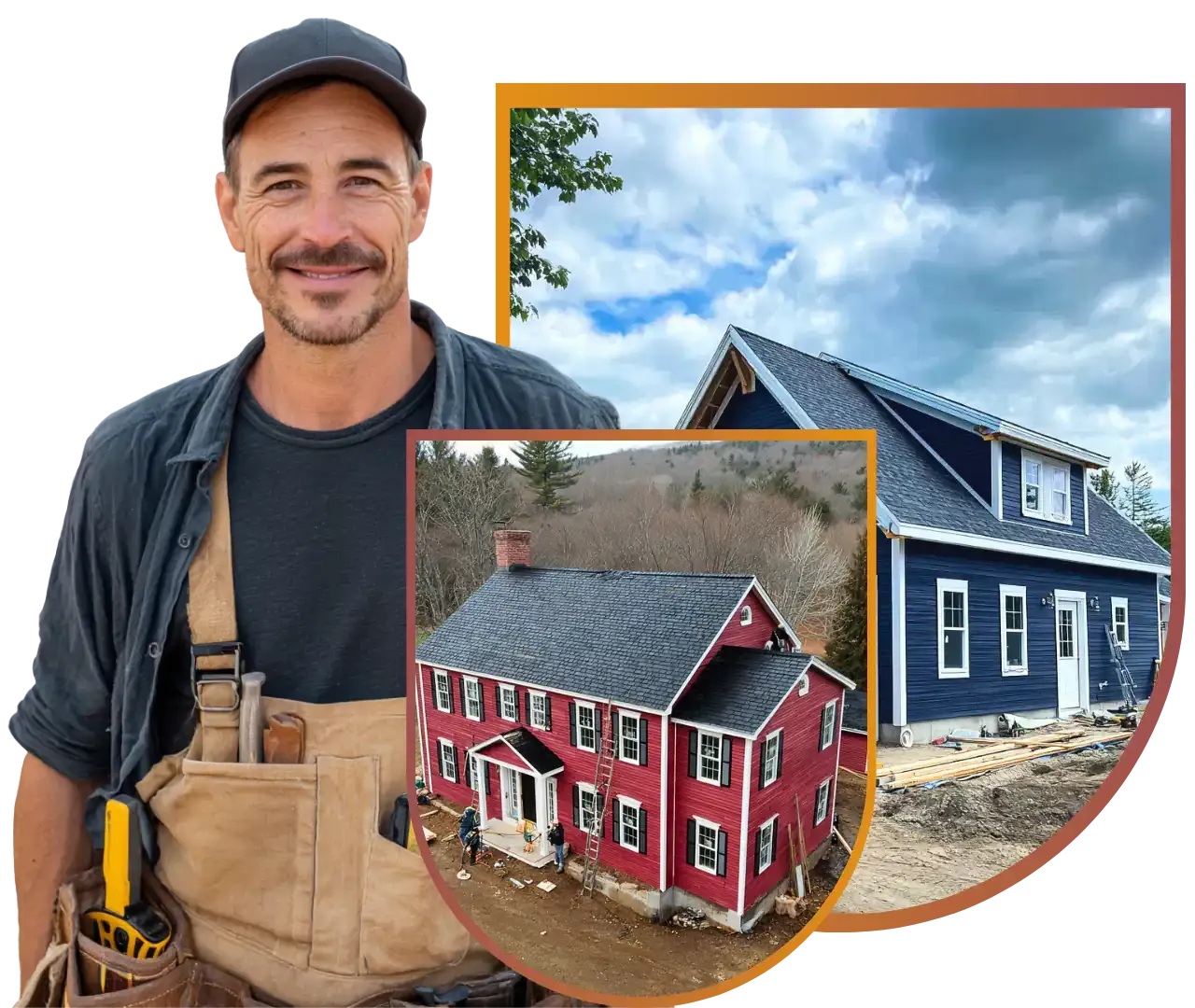 Smiling carpenter with two homes: red colonial and blue modern, with a cloudy sky backdrop.