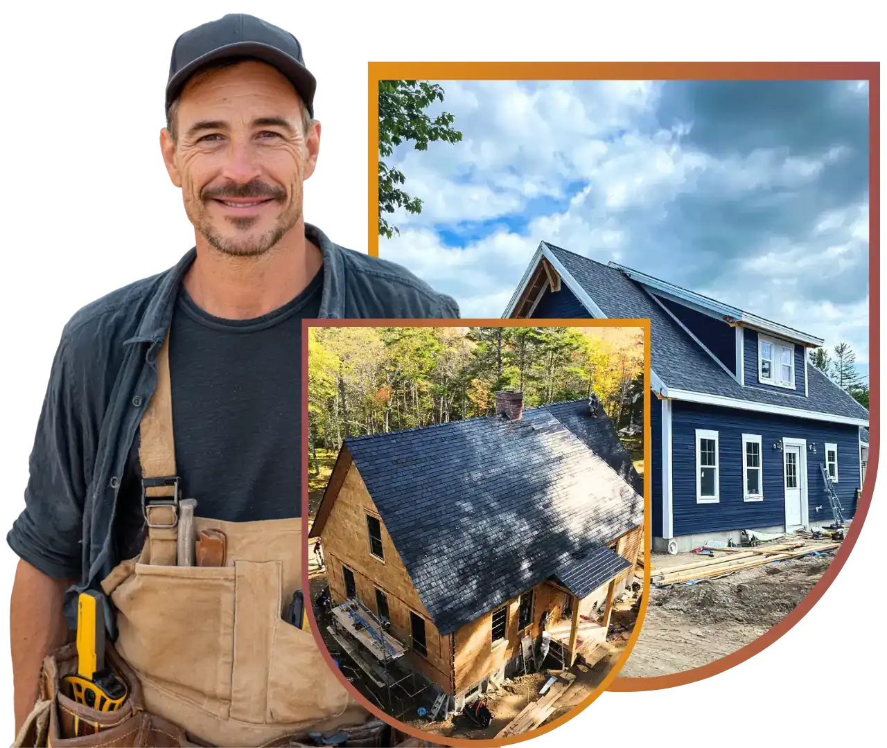 A contractor smiling, with showcases of Maine nprojects in the background.