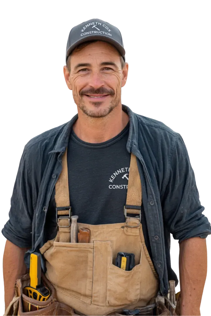 A contractor smiling, with showcases of Maine nprojects in the background.