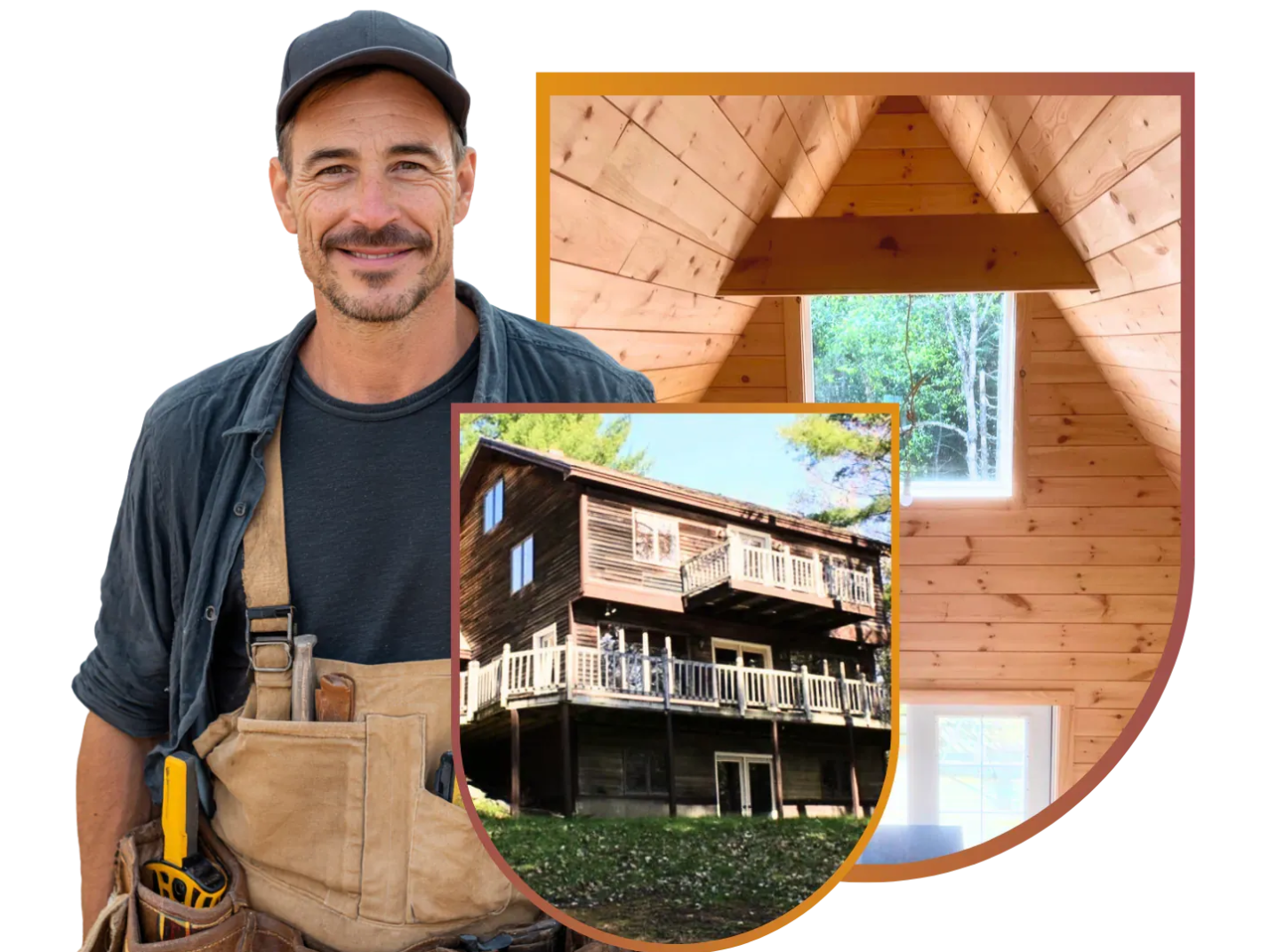 Smiling carpenter with house and interior remodeling examples.