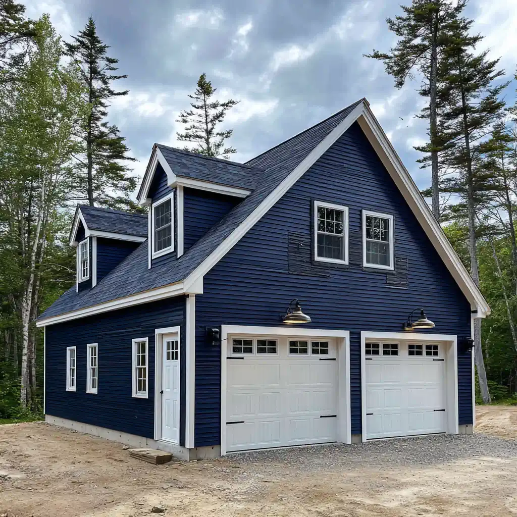 Wooden deck attached to a house with stairs. Black railings, tan siding, and a gravel base.