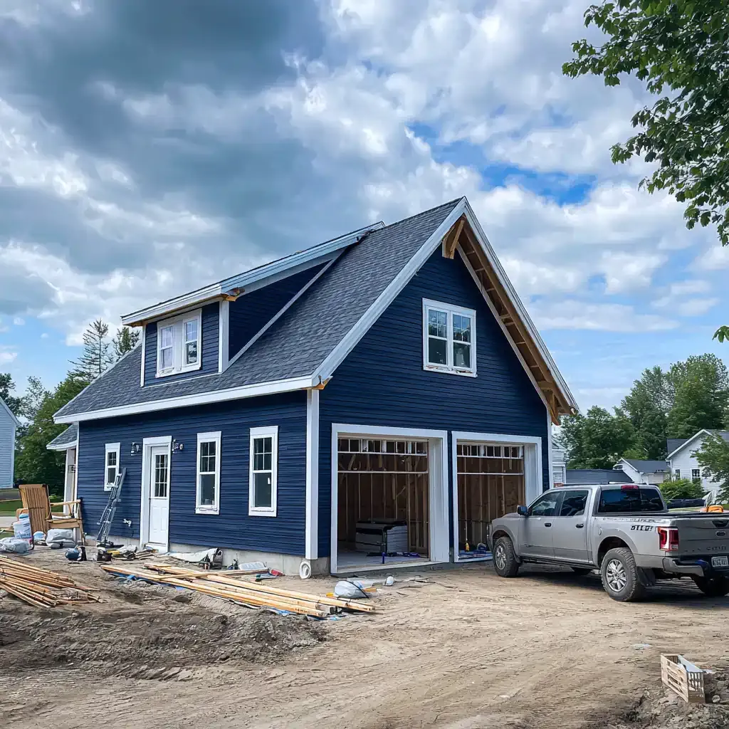 Wooden deck attached to a house with stairs, black railing, and support posts over a gravel area.