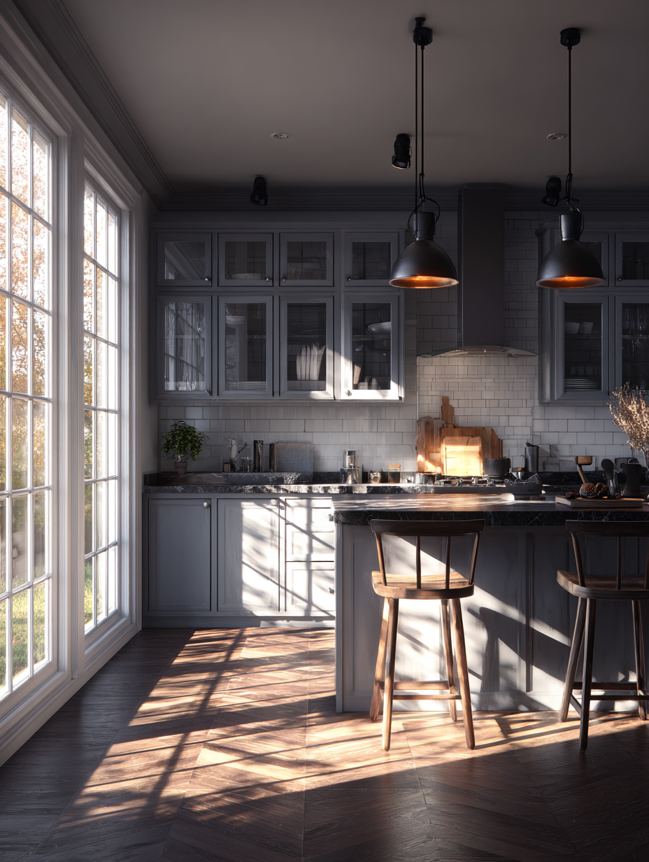 Kitchen with large windows, sunlight, grey cabinets, wooden bar stools, and pendant lights.