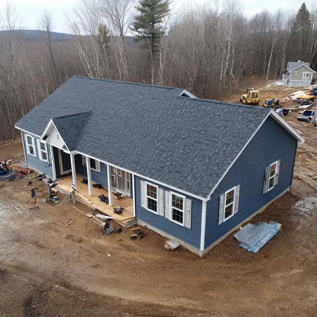 Wooden deck attached to a house with stairs, black railing, and support posts over a gravel area.