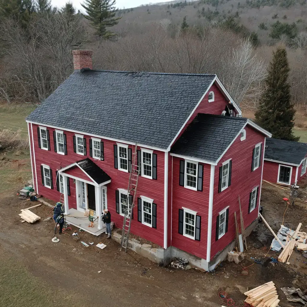 Wooden deck attached to a house with stairs, black railing, and support posts over a gravel area.