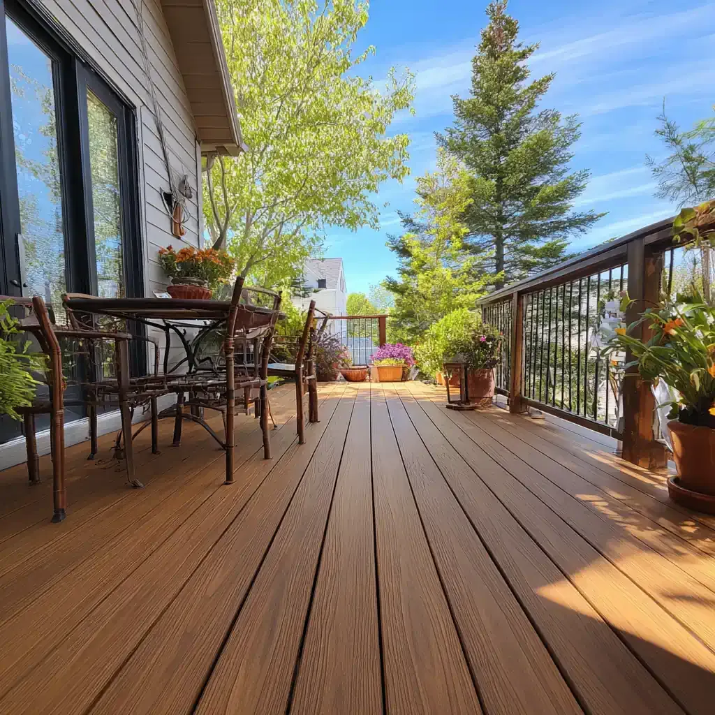 Wooden deck attached to a house with stairs. Black railings, tan siding, and a gravel base.