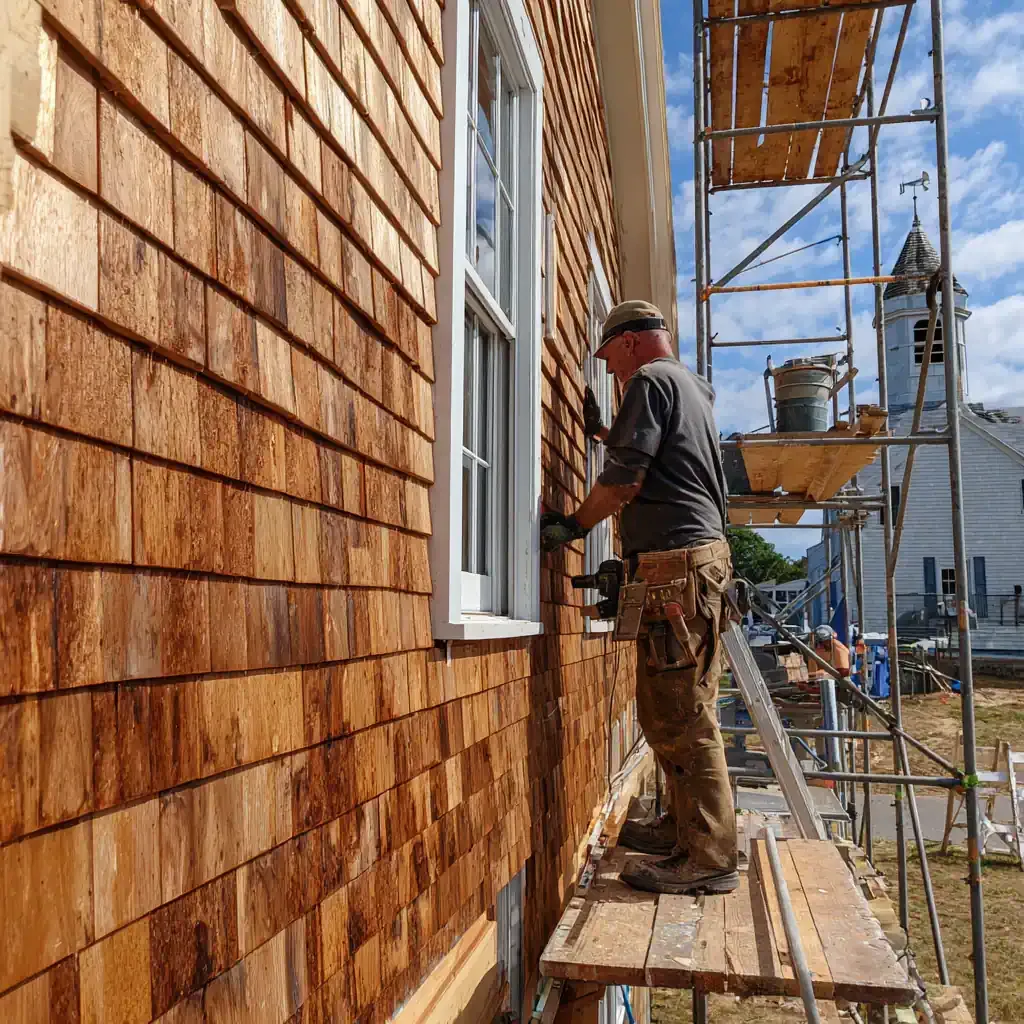Wooden deck attached to a house with stairs, black railing, and support posts over a gravel area.