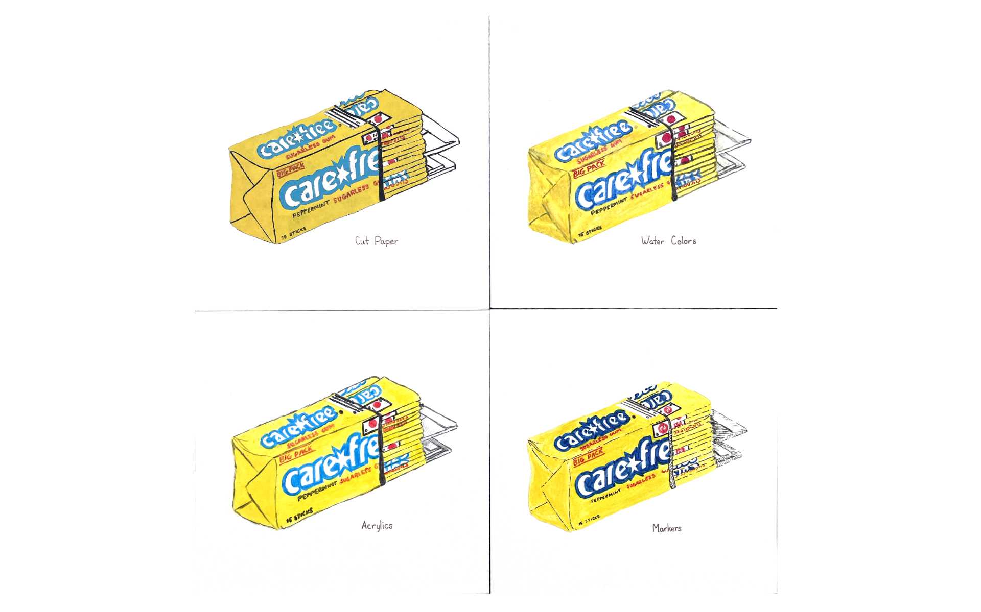 different renditions of a gum wrapper
