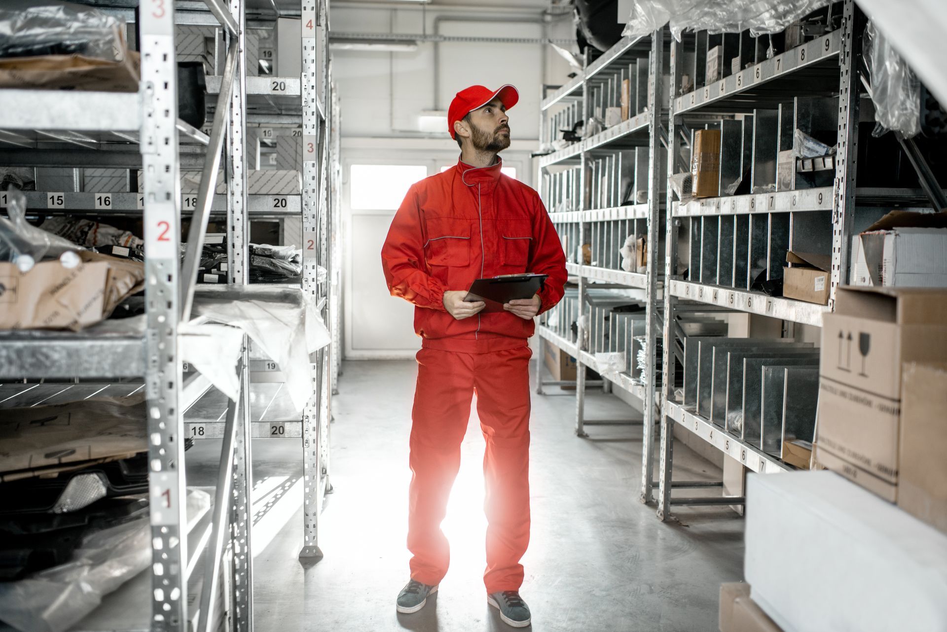 Worker in red uniform holding a tablet while standing between warehouse storage shelves.