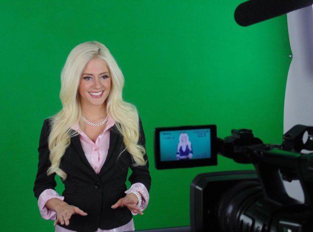 woman doing commercial in front of green screen