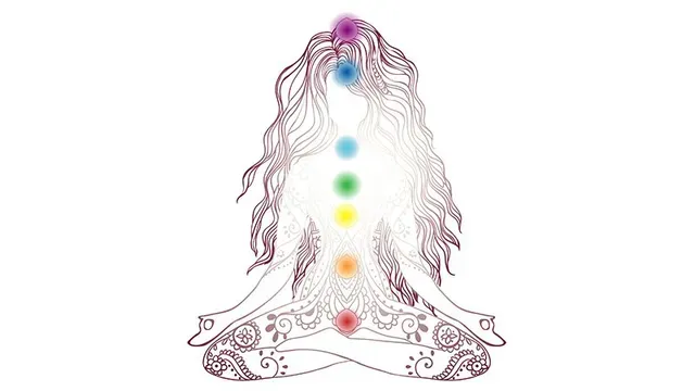 chakras aligned along the body's center, each with a unique color and symbol, representing energy centers from root to crown