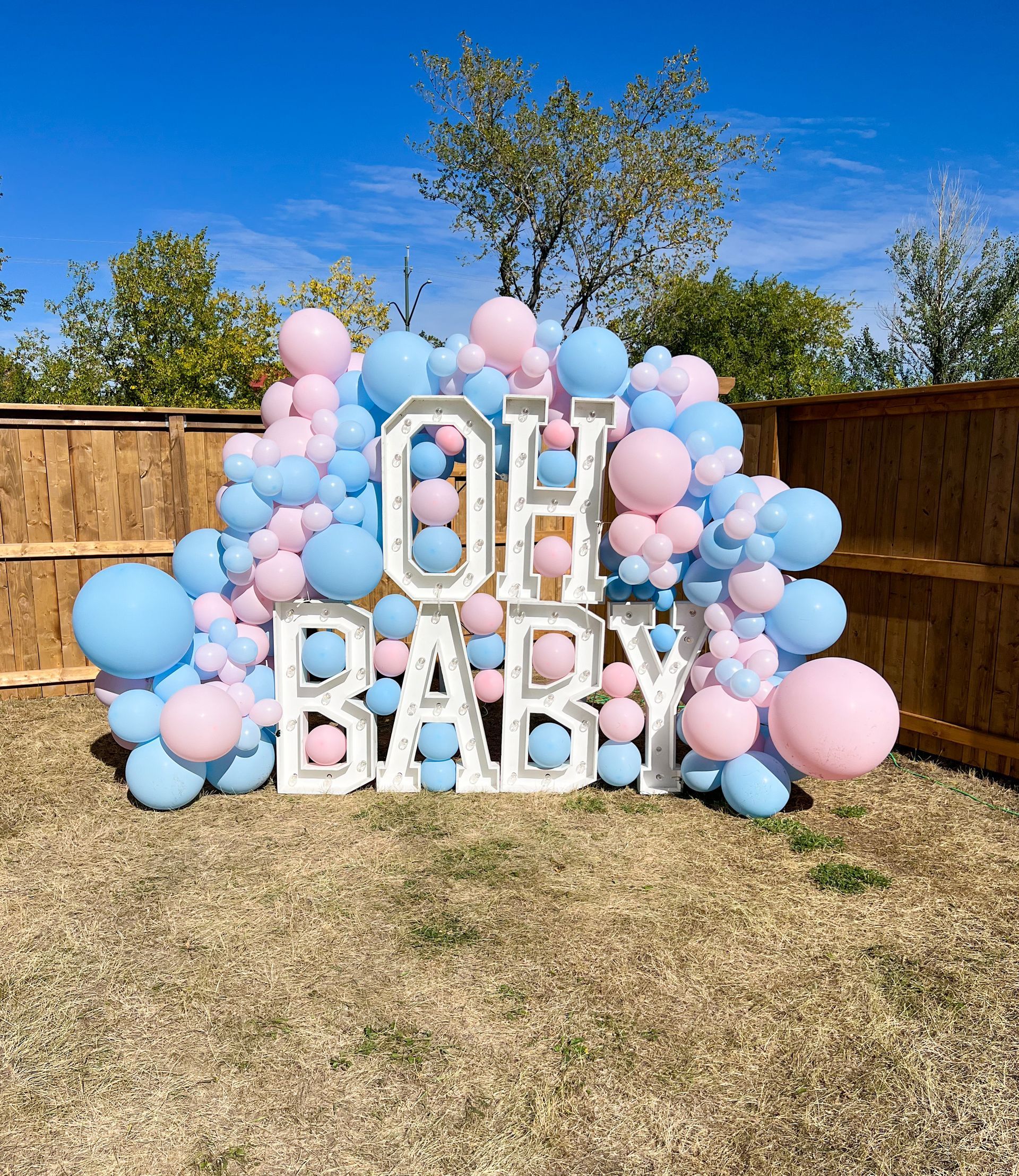 A sign that says `` oh baby '' is surrounded by pink and blue balloons.