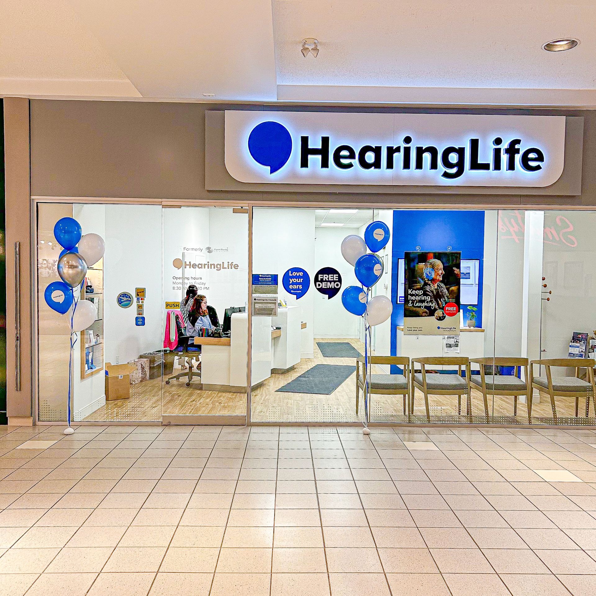 The front of a hearing life store in a mall