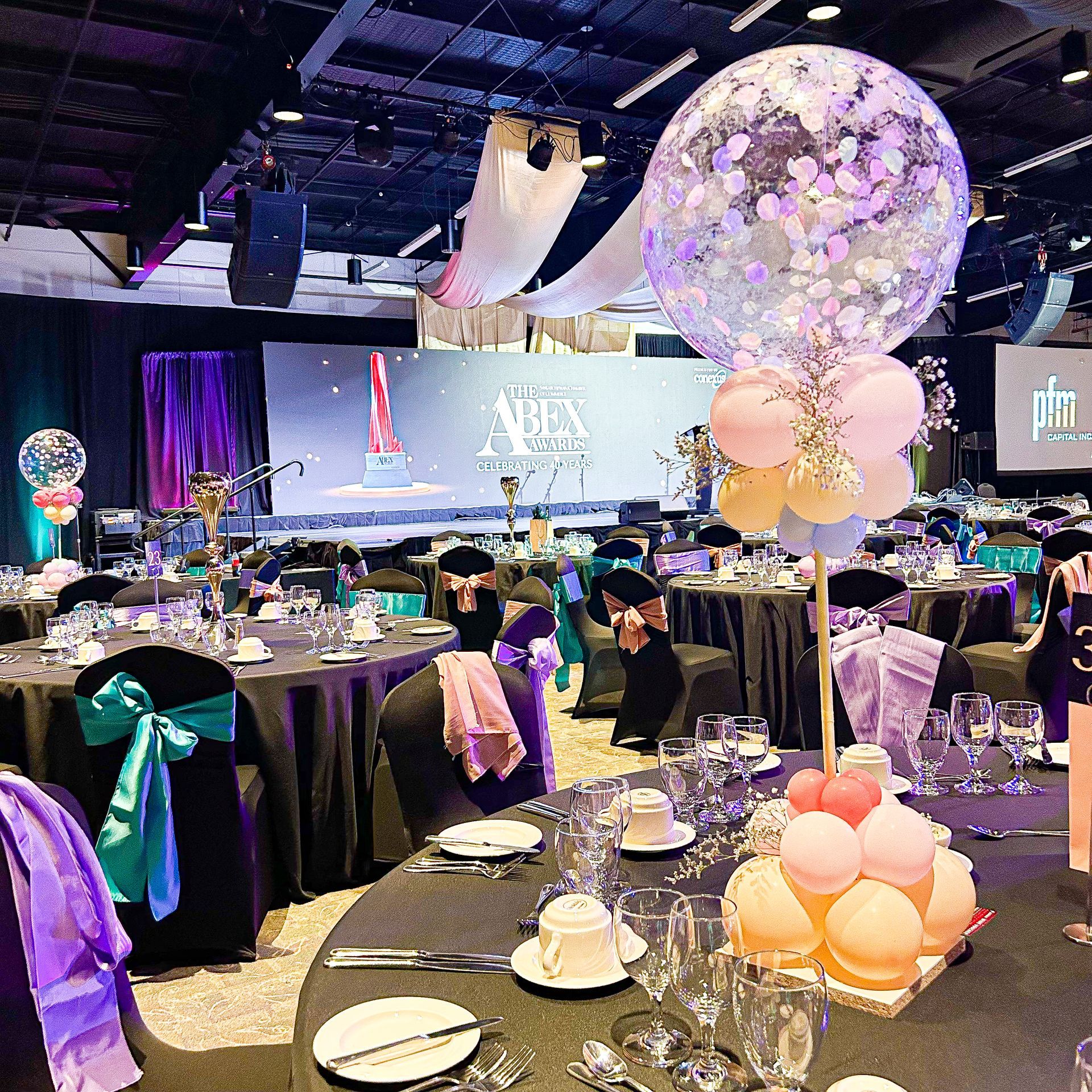 A large balloon is sitting on top of a table at a party.