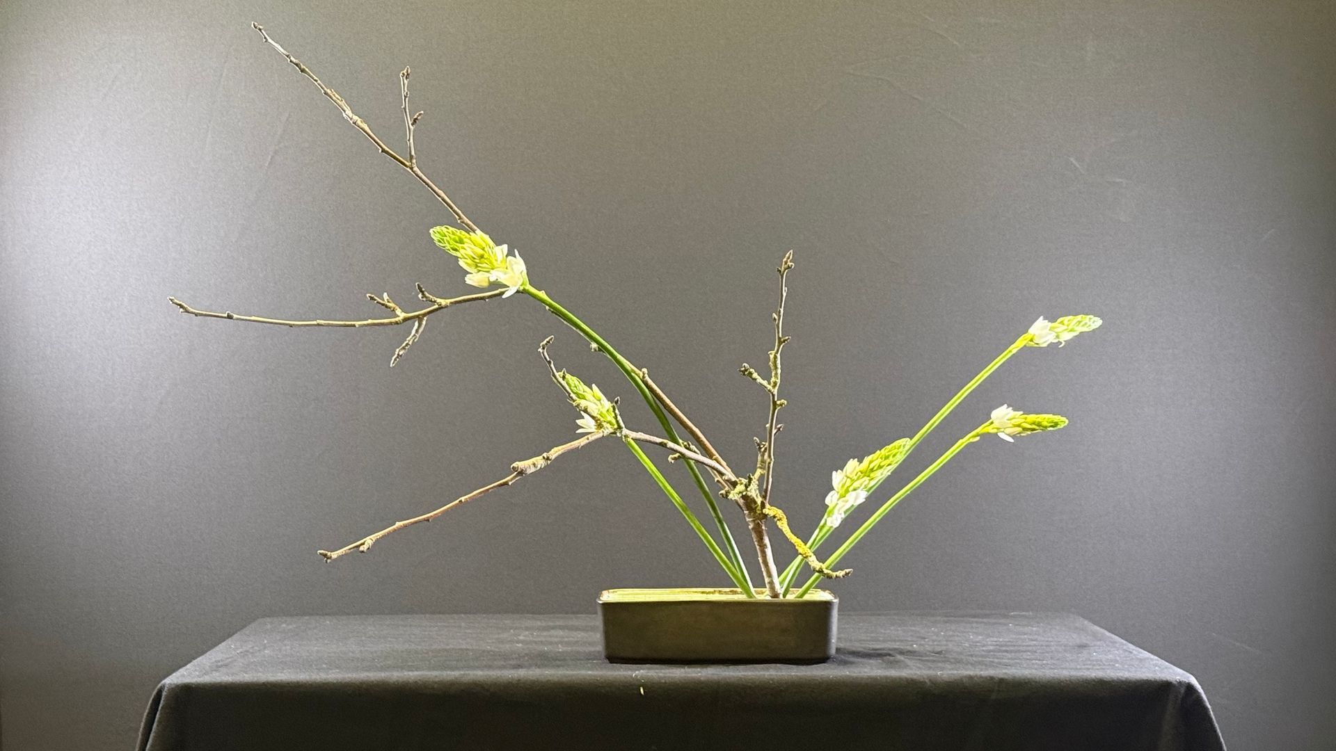 Een Ikebana-arrangement met groene bladeren en takjes in een rechthoekige, donkere vaas op een tafel.