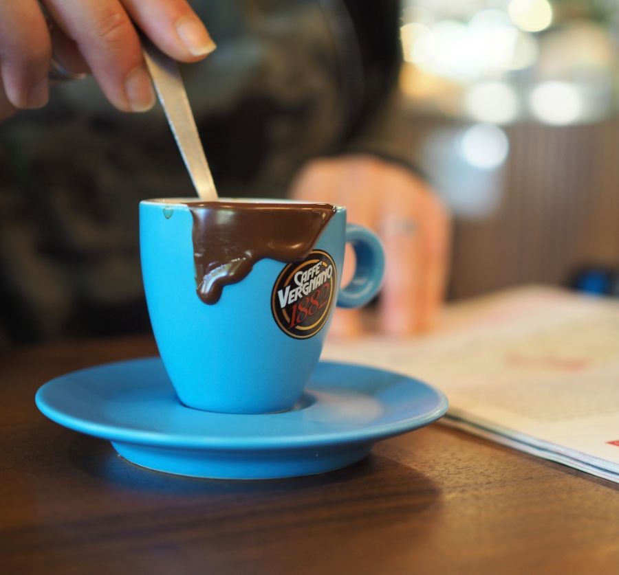 hot chocolate in a blue mug