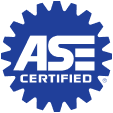 Blue ASE Certified logo featuring bold white letters inside a gear-shaped border. | Rapid Auto and Truck Repair