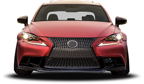 A front view of a matte red Lexus sedan with a signature spindle grille and illuminated LED headlights. | Rapid Auto and Truck Repair