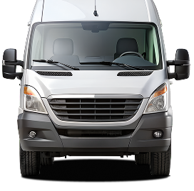 A white cargo van facing forward, featuring a grey grille and bumper against a plain white background. | Rapid Auto and Truck Repair