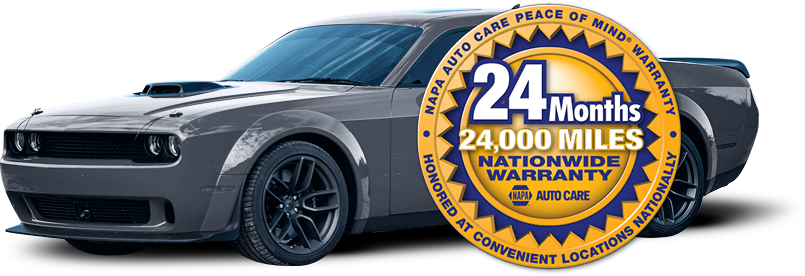 A gray Dodge Challenger overlaid with a gold NAPA AutoCare 