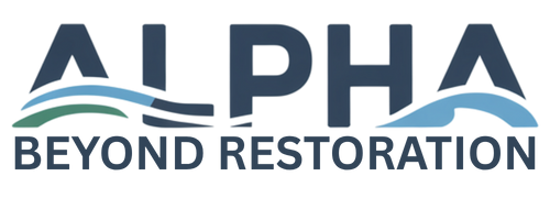 Logo for Alpha Restoration with blue and green waves and text.