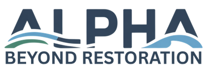 Logo for Alpha Restoration with blue and green waves and text.