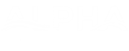 Logo for Alpha Restoration with blue and green waves and text.