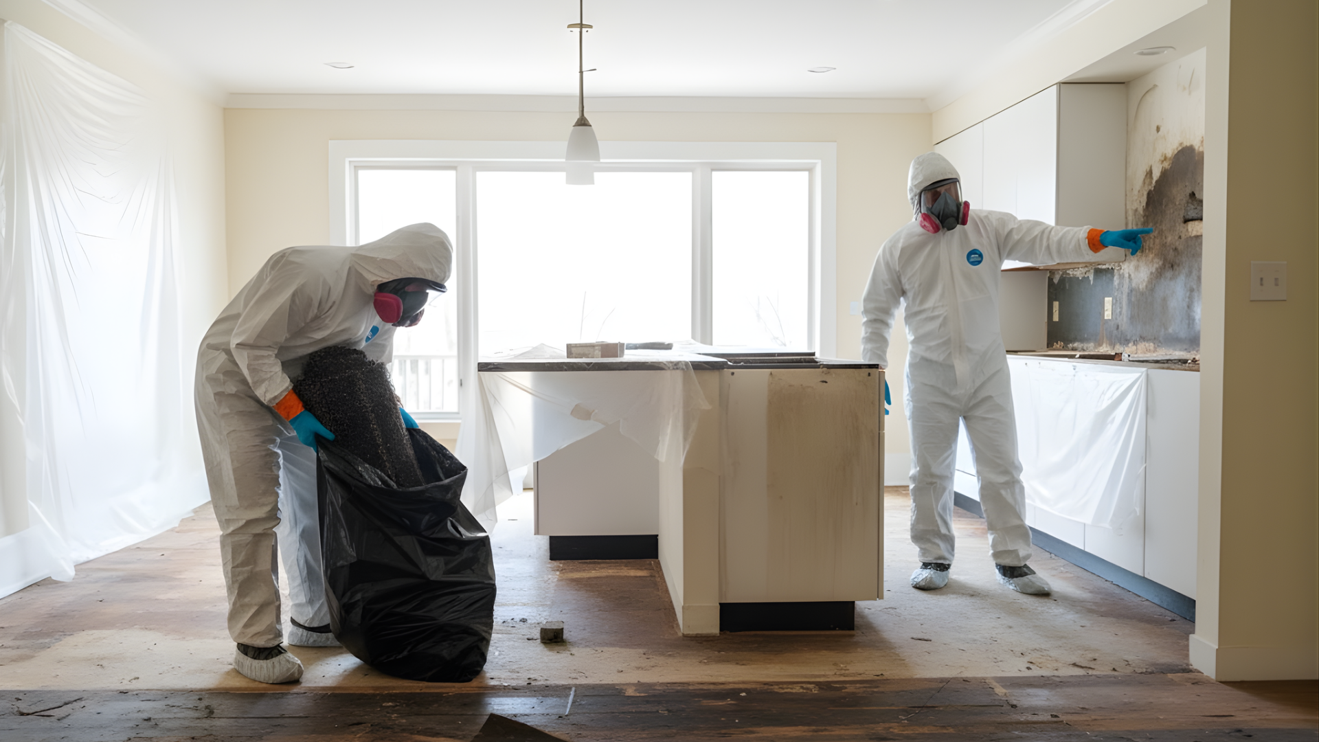 Two people in hazmat suits cleaning up debris in a kitchen.