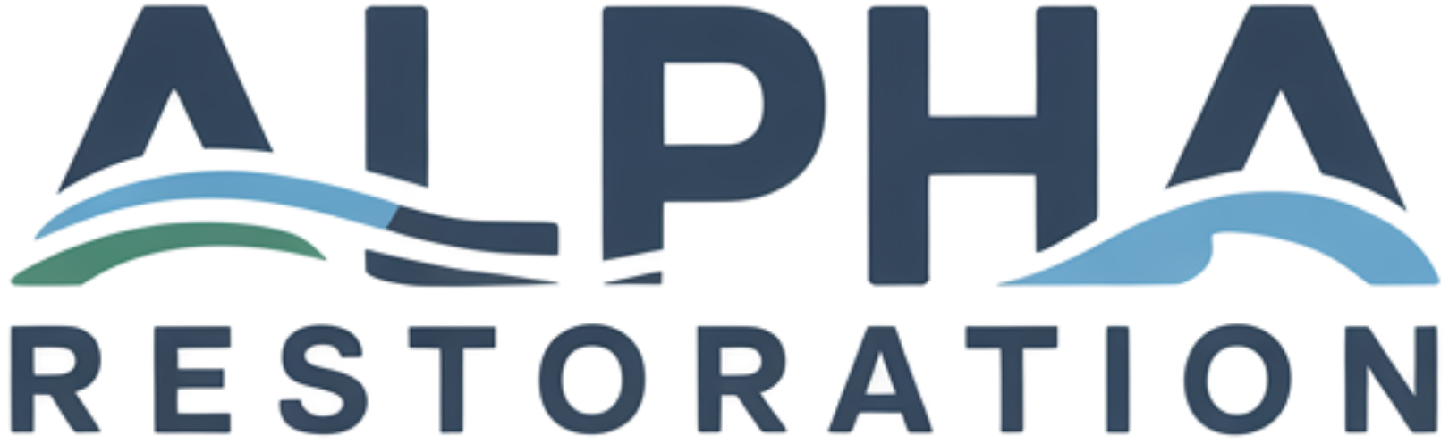 Alpha Restoration logo with dark blue text and water wave graphics.