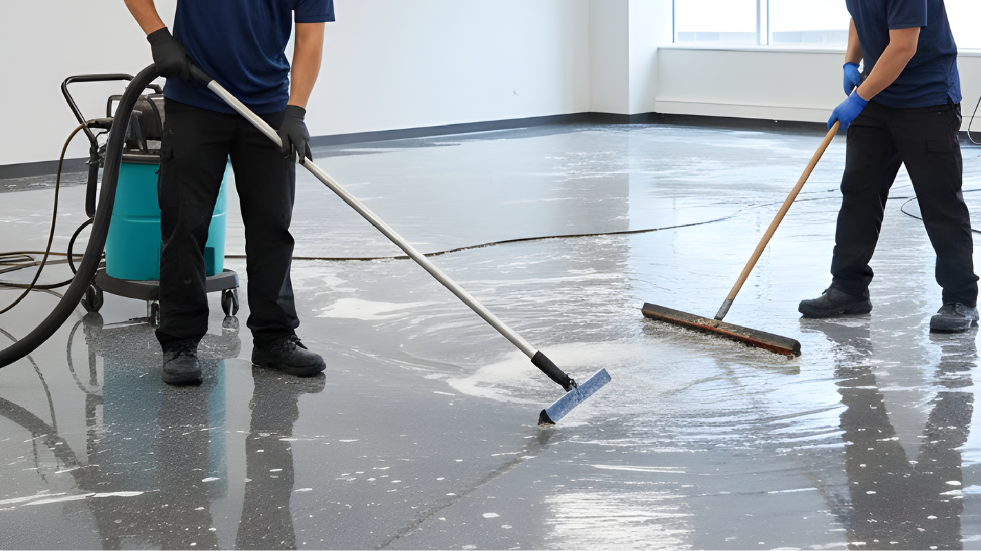 Two people cleaning a gray epoxy floor with a squeegee and a vacuum in a white-walled room.