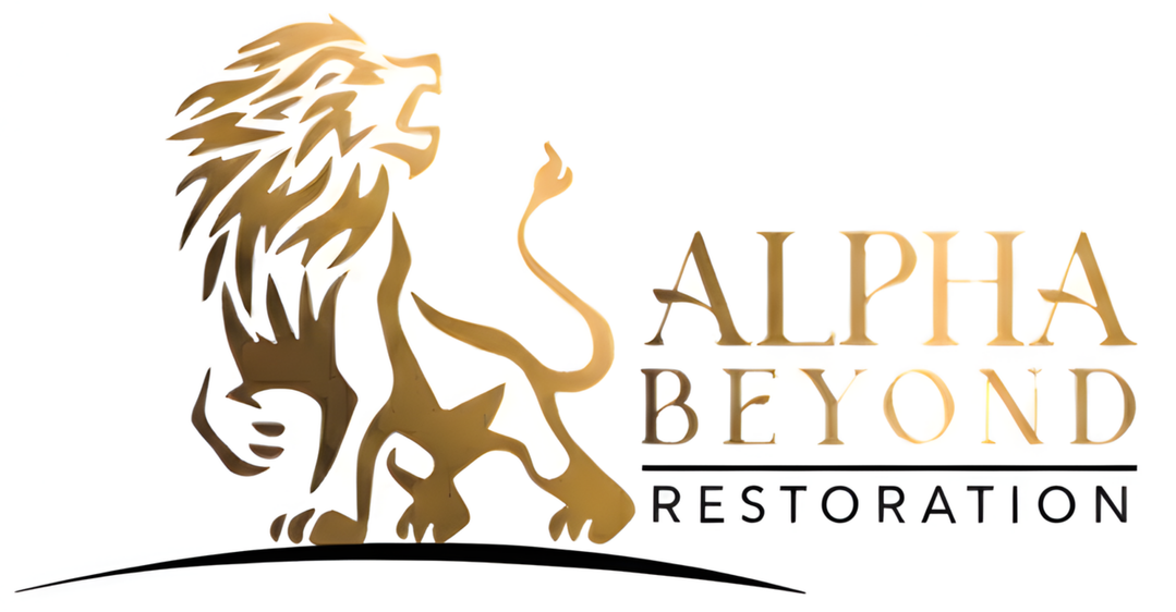 Logo for Alpha Restoration with blue and green waves and text.
