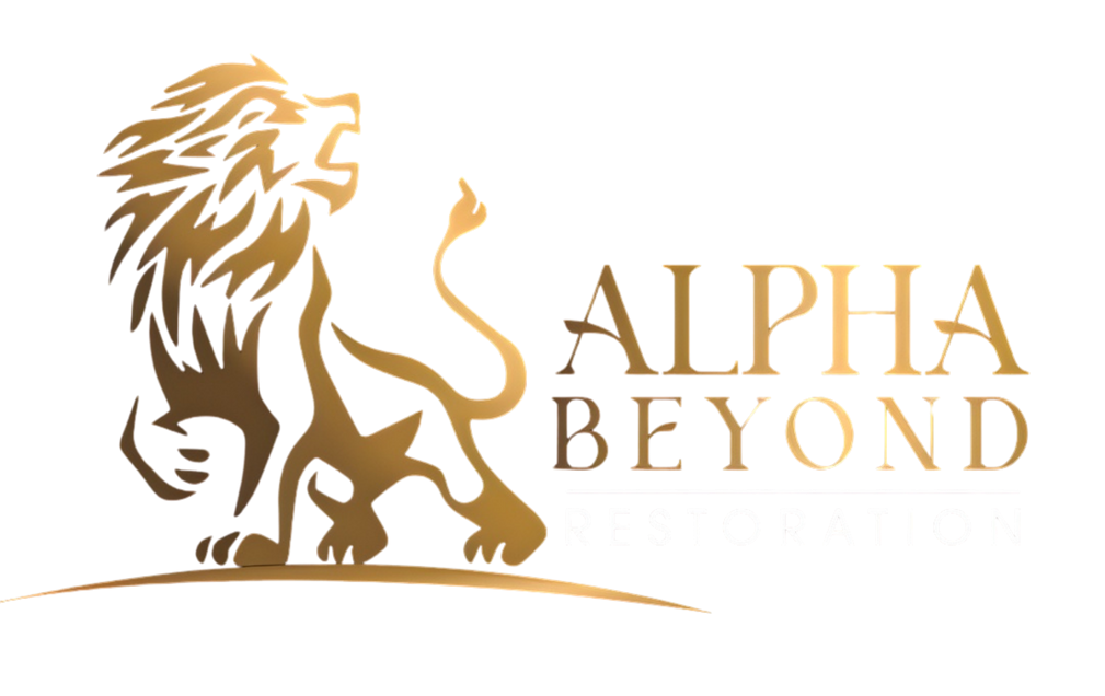 Logo for Alpha Restoration with blue and green waves and text.