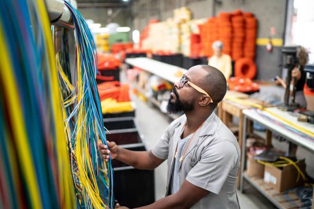 A man is working on a bunch of wires in a factory.