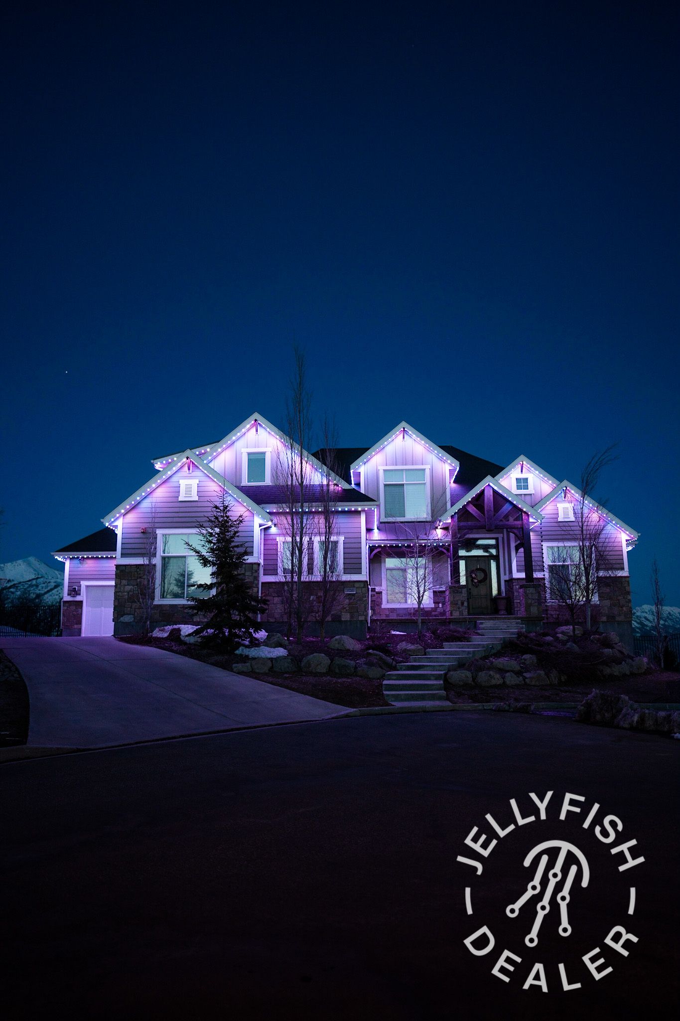 A large house is lit up with purple lights at night.