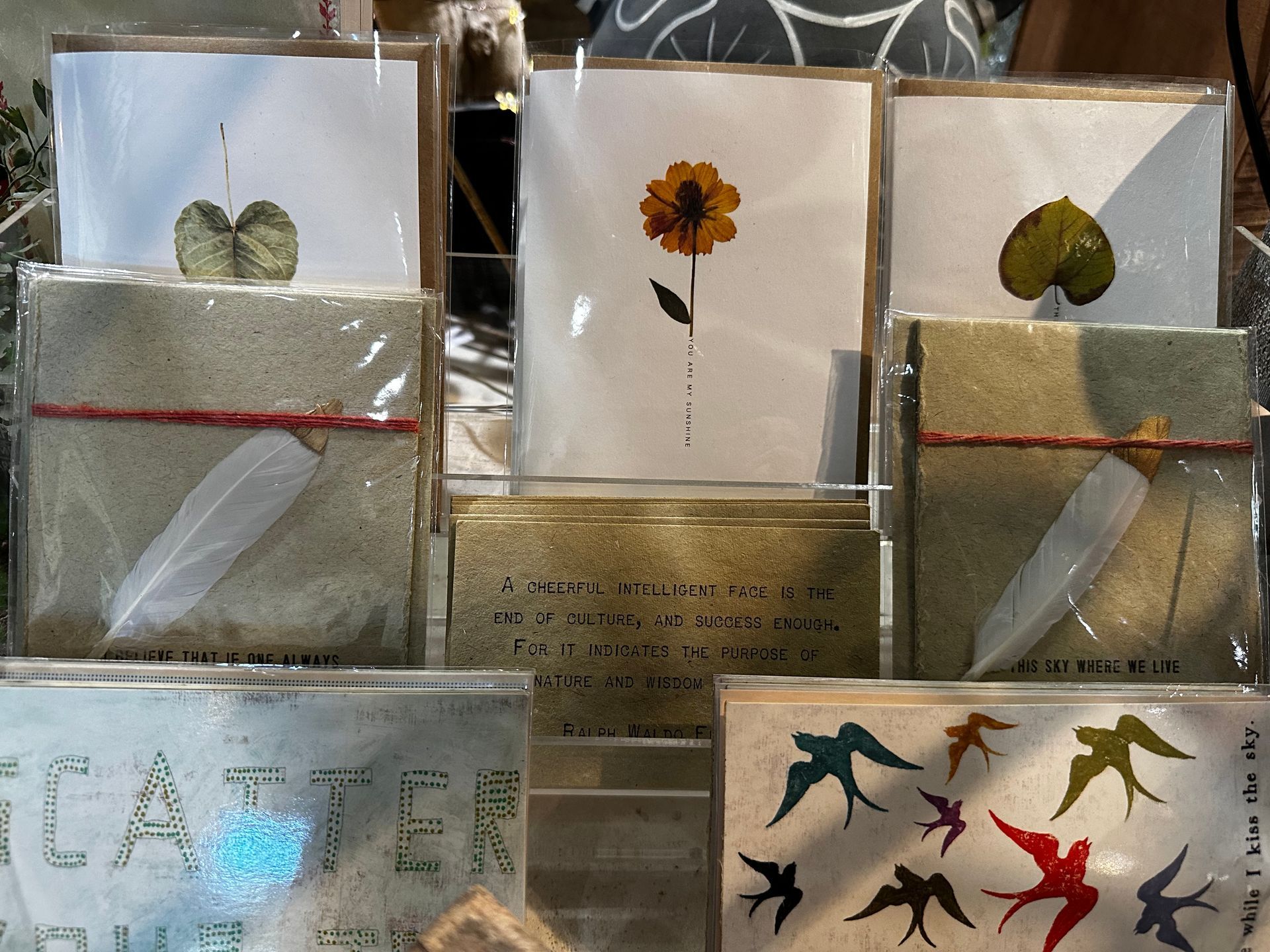 A display of greeting cards including one with a flower on it