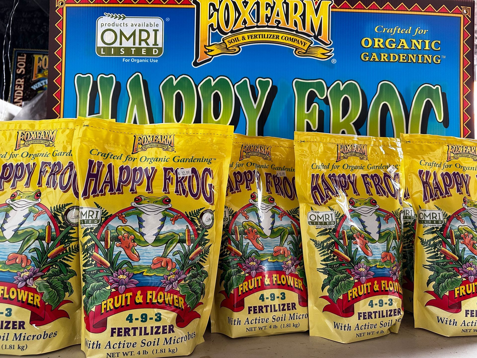 A row of bags of fox farm happy frog fertilizer