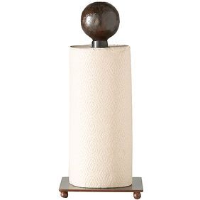 A paper towel holder with a brown ball on top of it.