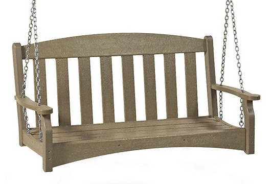 A wooden swing is hanging from chains on a white background