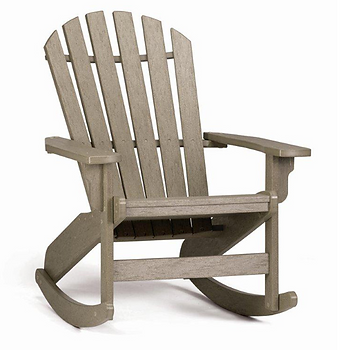 A grey wooden rocking chair on a white background