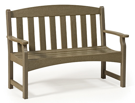 A wooden bench with a curved back and arm rests on a white background