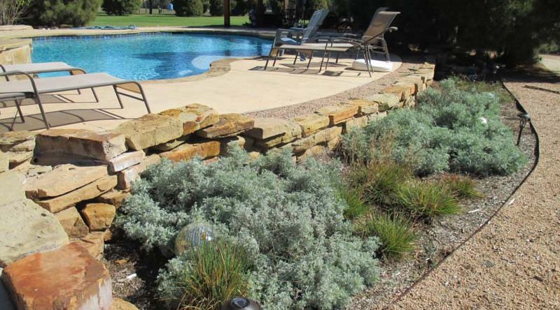 A swimming pool is surrounded by rocks and lawn chairs.