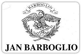 A black and white logo for jan barboglio with an eagle and laurel wreath